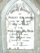Robert SALOMON,
died 18 Nov 1927 aged 74 years;
Wilhelmine SALOMON, wife,
died 5 May 1922 aged 67 years;
Lockrose Green Pastures Lutheran Cemetery, Laidley Shire