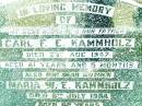 Carl F.E. KAMMHOLZ, husband father,
died 23 Aug 1947 aged 81 years 5 months;
Maria W.E. KAMMHOLZ, mother,
died 8 July 1954 aged 82 years;
Lockrose Green Pastures Lutheran Cemetery, Laidley Shire