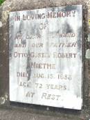 Otto Gustav Robert NIETHE, husband father,
died 15 Aug 1958 aged 72 years;
Lockrose Green Pastures Lutheran Cemetery, Laidley Shire