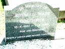 Russell Wade GOSCHNICK,
son of Bernard, brother,
18-4-1961 - 7-8-1995;
Lockrose Green Pastures Lutheran Cemetery, Laidley Shire