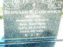 Bernard K. GOSCHNICK,
husband father son brother,
died 21-1-1976 aged 42 years;
Lockrose Green Pastures Lutheran Cemetery, Laidley Shire