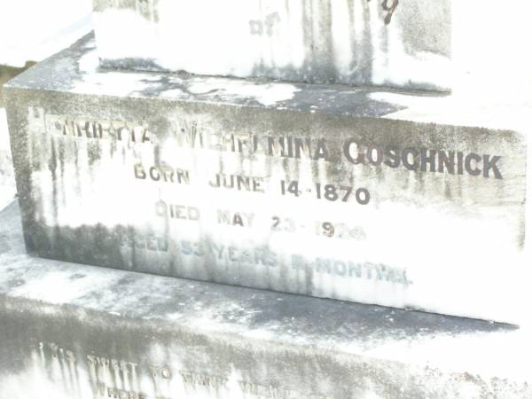 Henrietta Wilhelmina GOSCHNICK,  | born 14 June 1870 died 23 May 1924  | aged 53 years 11 months;  | Lockrose Green Pastures Lutheran Cemetery, Laidley Shire  |