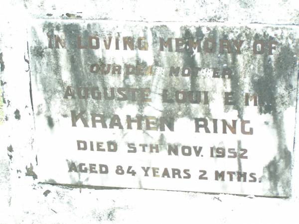 Auguste Louise M. KRAHENBRING,  | died 5 Nov 1952 aged 84 years 2 months;  | Lockrose Green Pastures Lutheran Cemetery, Laidley Shire  |