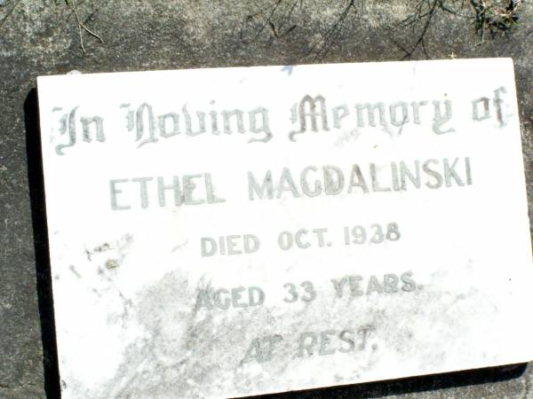 Ethel MAGDALINSKI,  | died Oct 1938 aged 33 years;  | Lockrose Green Pastures Lutheran Cemetery, Laidley Shire  |