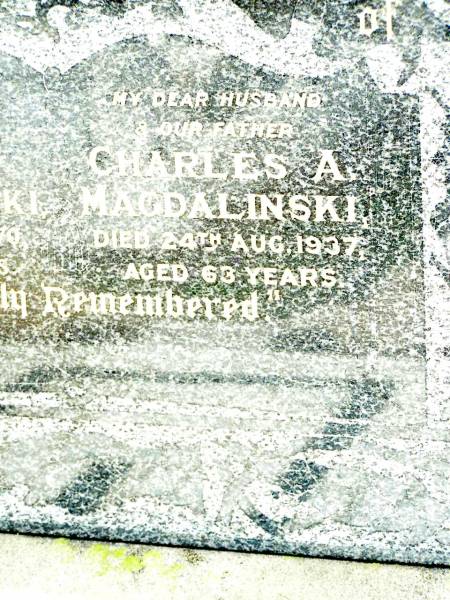 Annie F. MAGDALINSKI, mother,  | died 11 Oct 1970 aged 89 years;  | Charles A. MAGDALINSKI, husband father,  | died 24 Aug 1937 aged 63 years;  | Lockrose Green Pastures Lutheran Cemetery, Laidley Shire  | 