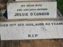 Jessie OCONNOR, wife mother,
died 19 Oct 1926 aged 42 years;
Daniel OCONNOR, father,
died 25 Sept 1940 aged 58? years;
St Michaels Catholic Cemetery, Lowood, Esk Shire