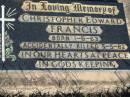 Christopher Edward FRANCIS,
born 1-6-63 accidentally killed 5-5-82;
St Michaels Catholic Cemetery, Lowood, Esk Shire