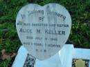 Alice M. KELLER, daughter sister,
died 31 July 1945 aged 2 years 7 months;
St Michaels Catholic Cemetery, Lowood, Esk Shire