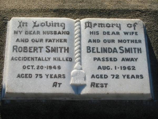 Robert SMITH  | accidentally killed 20 Oct 1949, aged 75  | (wife) Belinda SMITH  | 1 Aug 1962, aged 72  |   | 