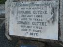 parents;
Johanne GUTZKE died 1 July 1908 aged 51 years;
Johann GUTZKE died 11 July 1923 aged 71 years;
Mary Johanna Loretta SHAW (nee GUTZKE) born 21-1-1887 died 12-9-1981, mother;
Lowood Trinity Lutheran Cemetery (Bethel Section), Esk Shire