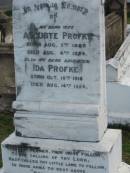 Auguste PROFKE, born 5 Aug 1880, died 4 Aug 1924, wife;
Ida PROFKE, born 14 Oct 1916, died 14 Aug 1924, daughter;
Lowood Trinity Lutheran Cemetery (Bethel Section), Esk Shire