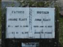 Franz KLATT, died 11 May 1940 aged 85 years, father;
Anna KLATT, died 10 Jan 1937 aged 76 years, mother;
Lowood Trinity Lutheran Cemetery (Bethel Section), Esk Shire