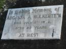 Augusta A. MOLKENTEIN, died 8 July 1960 aged 83 years;
Lowood Trinity Lutheran Cemetery (Bethel Section), Esk Shire