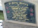 Edmund R. KAMP, died 20 Sept 1971 aged 68 years, husband father;
Alvina KAMP, died 1 Aug 1997 aged 92 years 11 months, mother;
Lowood Trinity Lutheran Cemetery (Bethel Section), Esk Shire