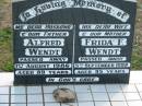 Alfred WENDT, died 1 Aug 1986 aged 89 years, husband father;
Frida F. WENDT, died 5 Sept 1992 aged 95 years, wife mother;
Lowood Trinity Lutheran Cemetery (Bethel Section), Esk Shire
