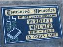Herbert MOCKER, 1916-2000, husband;
Lowood Trinity Lutheran Cemetery (Bethel Section), Esk Shire