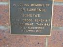 Ivor Lawrence SCHEIWE, born Lowood 25-8-1917 died Brisbane 7-6-1992;
Lowood Trinity Lutheran Cemetery (Bethel Section), Esk Shire