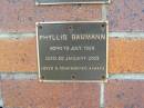 Phyllis BAUMANN, born 19 July 1928 died 20 January 2002;
Lowood Trinity Lutheran Cemetery (Bethel Section), Esk Shire