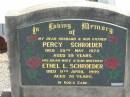 Percy SCHROEDER, died 25 May 1972 aged 59 years, husband father;
Ethel L. SCHROEDER, died 9 April 1999 aged 78 years, wife mother;
Lowood Trinity Lutheran Cemetery (St Marks Section), Esk Shire