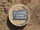 M.J. CLARKE, male,
died 9-6-1901 aged 10 months;
Ma Ma Creek Anglican Cemetery, Gatton shire