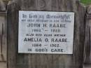 John H. RAABE, husband father,
1862-1922;
Amelia O. RAABE, mother,
1864-1962;
Ma Ma Creek Anglican Cemetery, Gatton shire