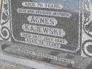 Ferdinand A. KAJEWSKI, husband father,
died 21 Sept 1939 aged 76 years;
Agnes KAJEWSKI, mother,
died 26 July 1947 aged 76 years;
Ma Ma Creek Anglican Cemetery, Gatton shire