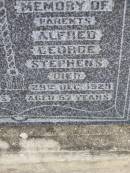 parents;
Crystalla Helen STEPHENS,
died 11 Dec 1931 aged 61 years;
Alfred George STEPHENS,
died 29 Dec 1929 aged 57 years;
Ma Ma Creek Anglican Cemetery, Gatton shire