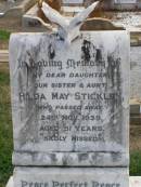 Edwin Albert STICKLEN, son brother,
died 4 Nov 1935 aged 4 years;
Hilda May STICKLEN, daughter sister aunt,
died 24 Nov 1939 aged 51 years;
William Alban STICKLEN, husband father,
died 11 May 1936 aged 77 years;
Charlotte Elizabeth STICKLEN, mother,
died 21 May 1949 aged 86 years;
Martha Florence CUMING, aunt,
died 7 Aug 1938 aged 89 years;
Ma Ma Creek Anglican Cemetery, Gatton shire
