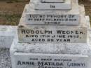 Rudolph WEGNER, husband father,
died 17 June 1952 aged 69 years;
Annie Matilda (Jinny) WEGNER, mother,
died 13 May 1983 aged 82 years 7 months;
Christopher Keith WEGNER, son,
died 24 Aug 1967 aged 6 months;
Ma Ma Creek Anglican Cemetery, Gatton shire