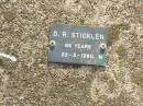 D.R. STICKLEN, male,
died 22-3-1980 aged 66 years;
Ma Ma Creek Anglican Cemetery, Gatton shire