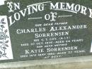 Charles Alexander SORRENSEN, father,
died 1 Oct 1975 aged 64 years;
Katie SORRENSEN, mother,
died 14 May 1992 aged 77 years;
Ma Ma Creek Anglican Cemetery, Gatton shire