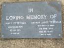 Mary PETERSEN,
died 6 Dec 1974;
Arthur James PETERSEN,
died 11 April 1989 aged 80 years;
Ma Ma Creek Anglican Cemetery, Gatton shire