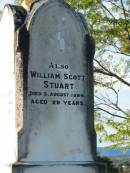 Mary STUART, died 10 May 1923 aged 93 years;
William Scott STUART, died 3 Aug 1894 aged 29 years;
James STUART, died 3 Sept 1894 aged 64 years;
Marburg Anglican Cemetery, Ipswich