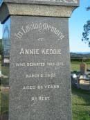 Thomas DIXON, died 19? Oct 1905;
Jane, wife of Thomas DIXON, died 28 May 1917;
Annie KEDDIE, died 2 March 1933 aged 69 years;
Andrew, husband of Annie KEDDIE, late of Broadway St, South Brisbane,
born 12 Jan 1860, died Thorton Scotland 9 June 1920;
Marburg Anglican Cemetery, Ipswich