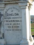 Ethel Eva, daughter of F.W. & M. RETSCHLAG,
died 28 Dec 1915 aged 18 years;
Marburg Anglican Cemetery, Ipswich