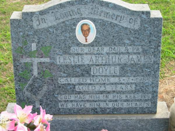 Leslie Arthur James DOYLE,  | died 3-7-1985 aged 73 years,  | dad pa;  | Marburg Lutheran Cemetery, Ipswich  | 
