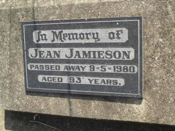 Jean JAMIESON,  | died 9-5-1980 aged 93 years;  | Maroon General Cemetery, Boonah Shire  |