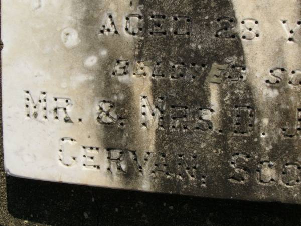 David JAMIESON,  | uncle,  | died 1 March 1895 aged 28 years,  | son of Mr & Mrs D. JAMIESON, Gervan?, Scotland;  | Maroon General Cemetery, Boonah Shire  |