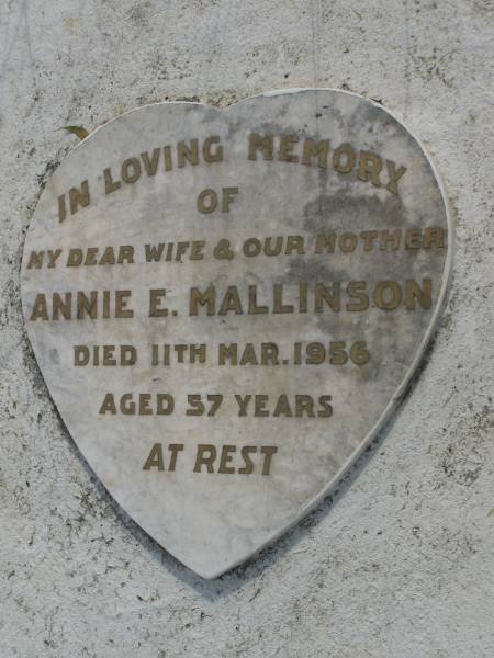 Annie E. MALLINSON,  | wife mother,  | died 11 Mar 1956 aged 57 years;  | Maroon General Cemetery, Boonah Shire  |