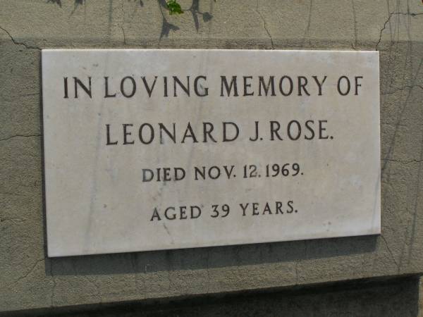 Leonard J. ROSE,  | died 12 Nov 1969 aged 39 years;  | Maroon General Cemetery, Boonah Shire  |