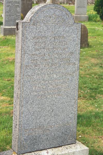 Mary LOCKIE  | d: Darnick 21 Feb 1910 aged 47  | wife of Thomas B AITCHISON  |   |   | Thomas B AITCHISON  | d: 2 Nov 1952 aged 87  | husband of Ellen Jessima  |   | Melrose cemetery, Roxburgshire, Scotland  |   |   | 