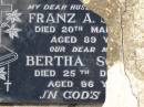 Franz A. SOMMER,
husband father,
died 20 Mar 1963 aged 89 years;
Berth SOMMER,
mother,
died 25 Dec 1968 aged 96 years;
Meringandan cemetery, Rosalie Shire