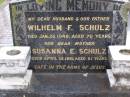 Wilhelm F. SCHULZ, husband father,
died 26 Jan 1949 aged 70 years;
Susanna E. SCHULZ, mother,
died 14 March 1981 aged 81 years;
Minden Baptist, Esk Shire
