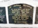 Bertha TRULOFF, wife mother,
died 30 June 1969 aged 67 years;
David H. TRULOFF, father,
died 18 Oct 1990 aged 89 years;
Minden Baptist, Esk Shire