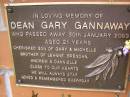 Dean Gary GANNAWAY,
died 30 Jan 2003 aged 21 years,
son of Gary & Michelle,
brother of Leanne, Brendan, Andrew & Dannielle;
Minden Baptist, Esk Shire