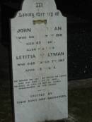 John MALTMAN,
died 1 July 1916 aged 83 years;
Letitia MALTMAN,
wife,
died 7 March 1917 aged 73 years;
erected by sons & daughters;
Mooloolah cemetery, City of Caloundra