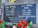 Leni MCRAE,
1910 - 1996,
mummy,
loved by Daddy & Mi;
Alec (Mac) MCRAE,
1918 - 2004,
loved Leni & Mary;
Mooloolah cemetery, City of Caloundra