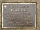 Annie Sophia DOUGLAS,
died 8 Sept 1991 aged 82 years;
Lionel DOUGLAS,
died 30 March 1996 aged 89 years;
remembered by Pansy, Ernie, Sandy, Noel, Dion & Clint;
Mooloolah cemetery, City of Caloundra