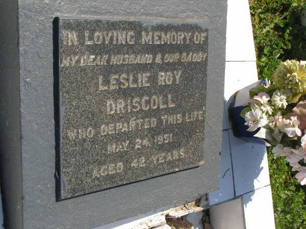 Leslie Roy DRISCOLL,  | husband daddy,  | died 24 May 1951 aged 42 years;  | Irene Mavis DRISCOLL,  | aged 45 years;  | Mark Stephen KING,  | born 5-5-57,  | died 14-5-57;  | Rene,  | wife of Les,  | died 19 May 1959 aged 45 years;  | Susan KING,  | died 2 Jan 1961 aged 13 months;  | Moore-Linville general cemetery, Esk Shire  | 