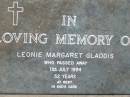 Leonie Margaret GLADDIS
11 Jul 1994, aged 52
Mt Cotton Gramzow Cornubia Carbrook Lutheran Cemetery, Logan City